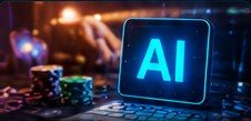 Laptop showing an AI assistant interface beside casino chips